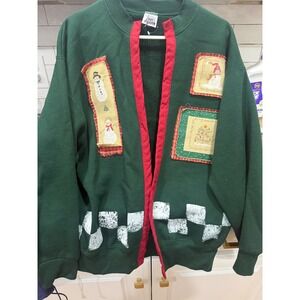 Vintage BVD Green Snowman Christmas Cardigan Sweatshirt Ugly Holiday Sweater‎ L